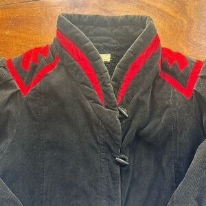 Vintage Dew East Black Corduroy Western Ski Lodge Coat Red Chevron Trim, Size M
